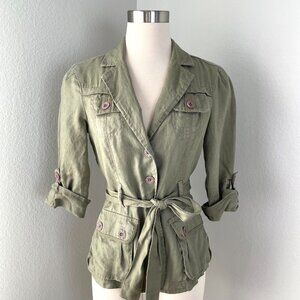 DKNY Jeans Womens‎ XS Green Belted Utility Jacket 100% Linen 3/4 Sleeve